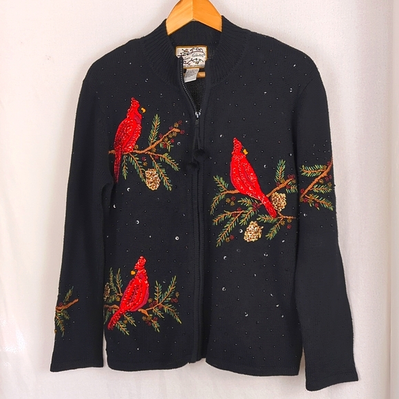 HEIRLOOM COLLECTION Women's Sequined Cardinal Black Zip Up Sweater - Picture 1 of 4